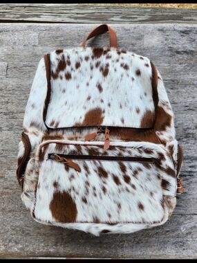 Brown and White Speckled Cowhide Backpack - Leather Trim
